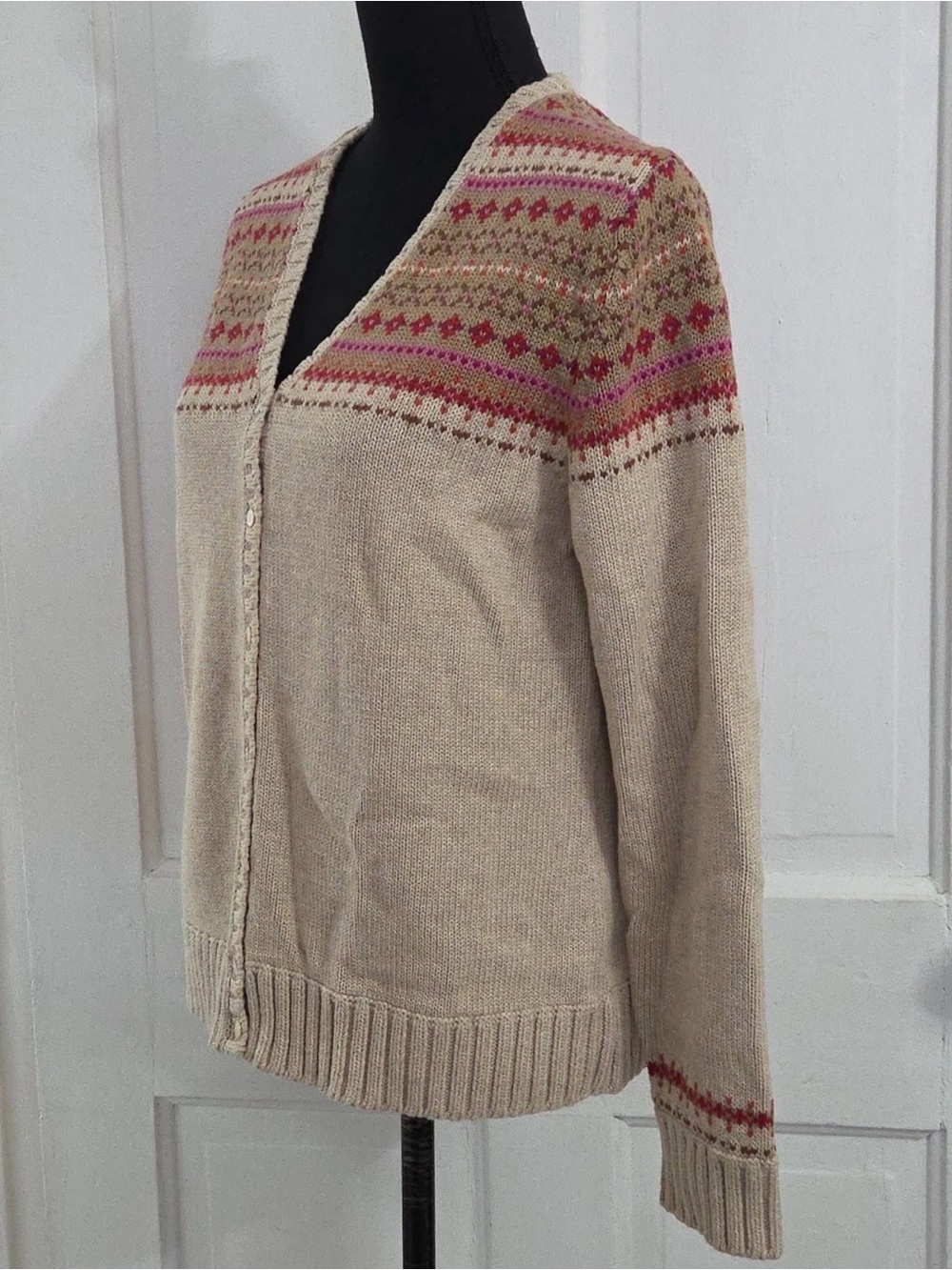 Lands' End Beige Cardigan with Pink and Red Fair Isle Yoke - Picture 3 of 5